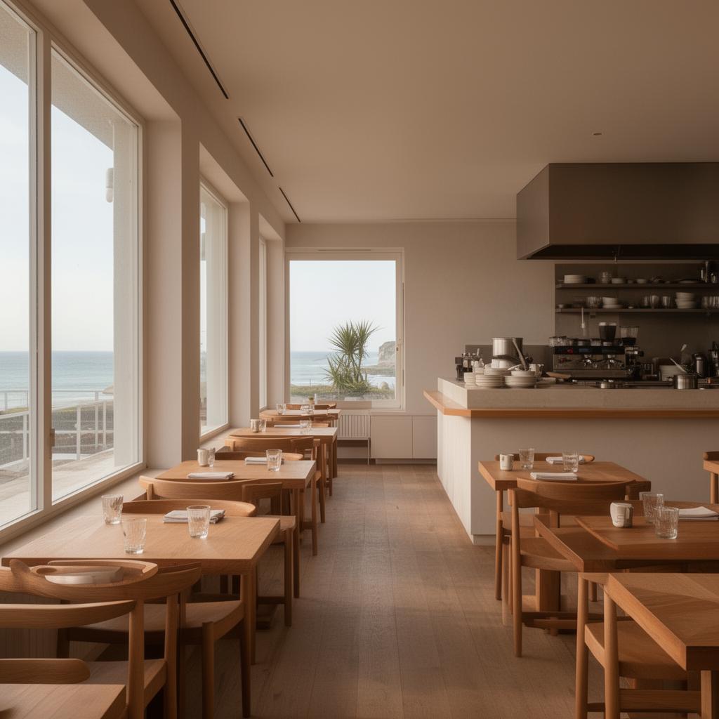 Bistro interior with wooden tables and ocean view